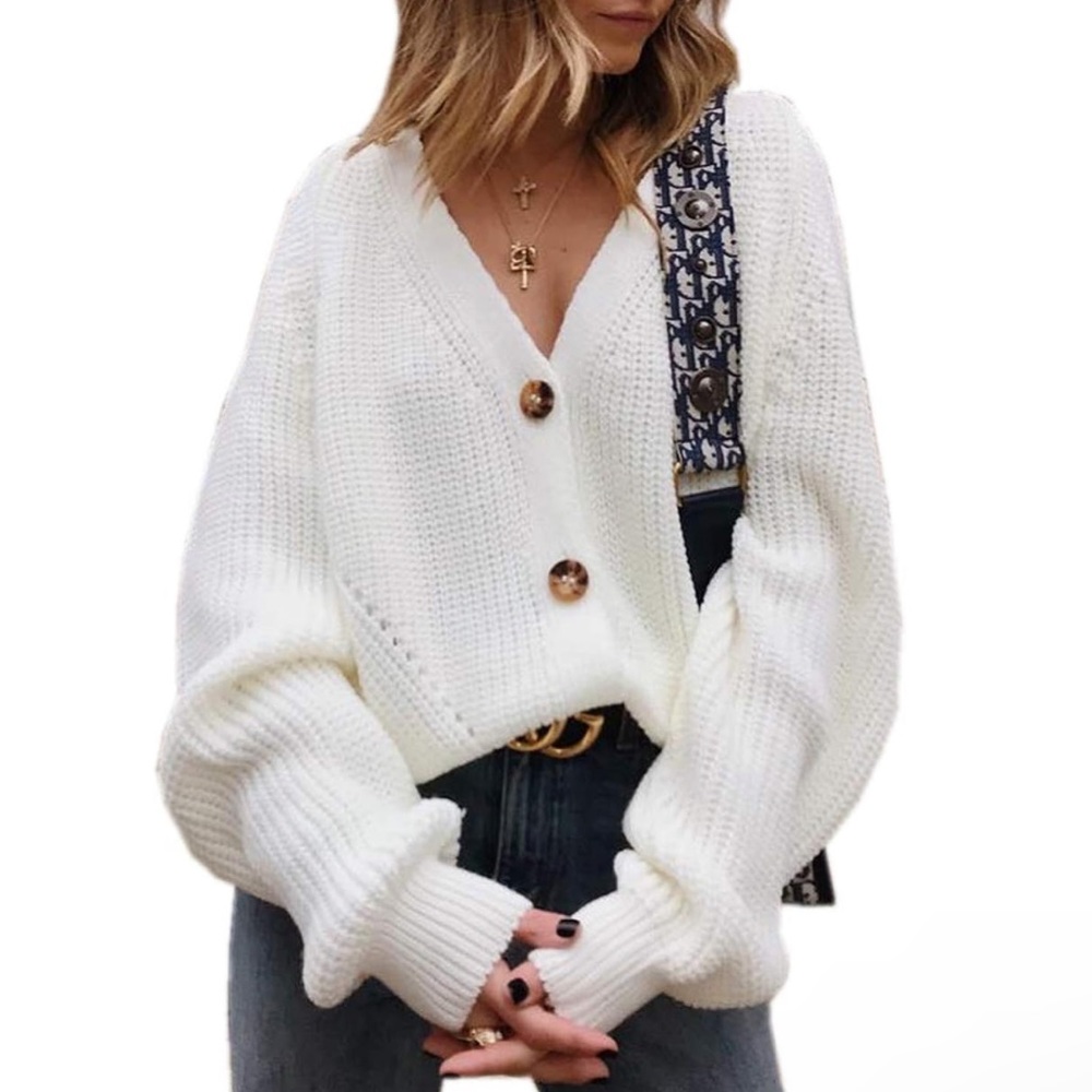 Asskdan VNeck Button Down Knitwear Lantern Sleeve Knit Cardigan Sweater Tops XL